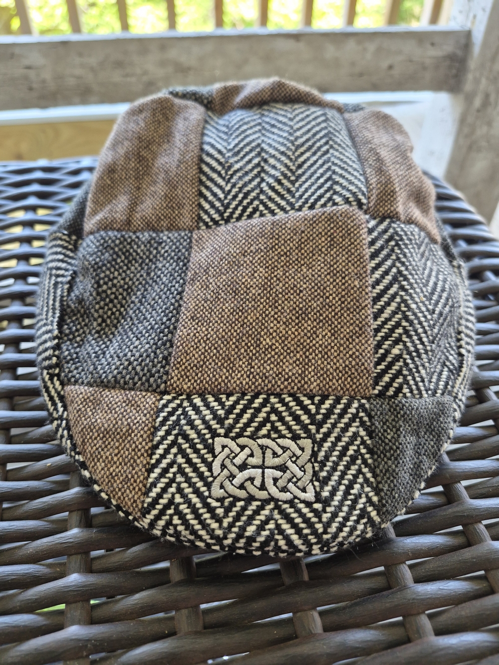 Vintage Patchwork Tweed Flat Cap with Embroidered Celtic Knot